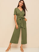 Plunging<b style="color:White;"><font size="1"> -</font></b>Neck<b style="color:White;"><font size="1"> -</font></b>Tie Front Wide leg Jumpsuit