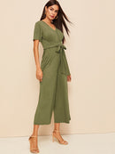 Plunging<b style="color:White;"><font size="1"> -</font></b>Neck<b style="color:White;"><font size="1"> -</font></b>Tie Front Wide leg Jumpsuit