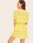 Tie<b style="color:White;"><font size="1"> -</font></b>Neck Ruffle Trim Layered Mesh Dress