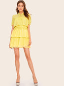 Tie<b style="color:White;"><font size="1"> -</font></b>Neck Ruffle Trim Layered Mesh Dress