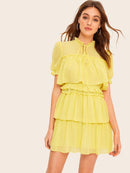 Tie<b style="color:White;"><font size="1"> -</font></b>Neck Ruffle Trim Layered Mesh Dress