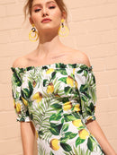 Lemon And<b style="color:White;"><font size="1"> -</font></b>Tropical Print Bardot Dress