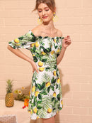 Lemon And<b style="color:White;"><font size="1"> -</font></b>Tropical Print Bardot Dress