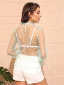 Sheer<b style="color:White;"><font size="1"> -</font></b>Dobby<b style="color:White;"><font size="1"> -</font></b>Mesh Ruffle Top Without Bra