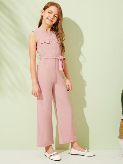 Girls<b style="color:White;"><font size="1"> -</font></b>Zip<b style="color:White;"><font size="1"> -</font></b>Front Sleeveless Belted Jumpsuit