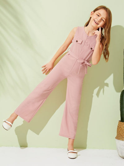 Girls<b style="color:White;"><font size="1"> -</font></b>Zip<b style="color:White;"><font size="1"> -</font></b>Front Sleeveless Belted Jumpsuit