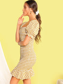 Gingham<b style="color:White;"><font size="1"> -</font></b>Ruffle<b style="color:White;"><font size="1"> -</font></b>Hem Shirred Bodycon Dress