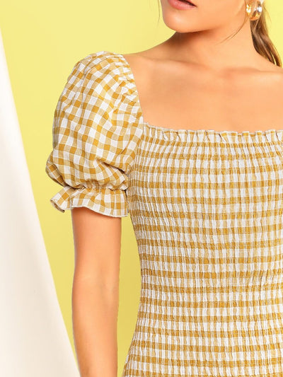 Gingham<b style="color:White;"><font size="1"> -</font></b>Ruffle<b style="color:White;"><font size="1"> -</font></b>Hem Shirred Bodycon Dress