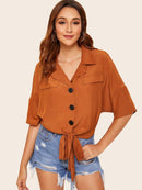 Solid<b style="color:White;"><font size="1"> -</font></b>Button<b style="color:White;"><font size="1"> -</font></b>Front Knot Hem Blouse