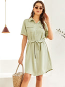 Single<b style="color:White;"><font size="1"> -</font></b>Button<b style="color:White;"><font size="1"> -</font></b>Self Tie Shirt Dress