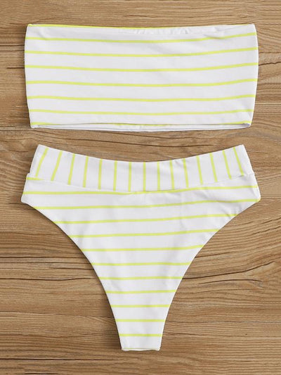 Striped<b style="color:White;"><font size="1"> -</font></b>Tie<b style="color:White;"><font size="1"> -</font></b>Front<b style="color:White;"><font size="1"> -</font></b>Bandeau With High Waist Bikini Set