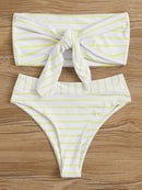 Striped<b style="color:White;"><font size="1"> -</font></b>Tie<b style="color:White;"><font size="1"> -</font></b>Front<b style="color:White;"><font size="1"> -</font></b>Bandeau With High Waist Bikini Set