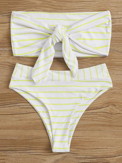 Striped<b style="color:White;"><font size="1"> -</font></b>Tie<b style="color:White;"><font size="1"> -</font></b>Front<b style="color:White;"><font size="1"> -</font></b>Bandeau With High Waist Bikini Set
