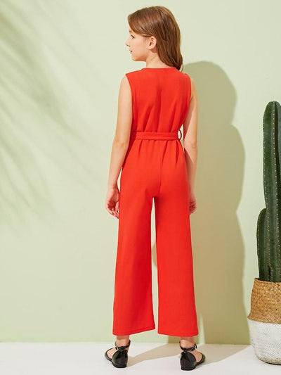 Girls<b style="color:White;"><font size="1"> -</font></b>Zip<b style="color:White;"><font size="1"> -</font></b>Front Sleeveless Belted Jumpsuit