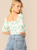 Heart<b style="color:White;"><font size="1"> -</font></b>Print<b style="color:White;"><font size="1"> -</font></b>Gathered Sleeve Shirred Crop Top