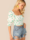 Heart<b style="color:White;"><font size="1"> -</font></b>Print<b style="color:White;"><font size="1"> -</font></b>Gathered Sleeve Shirred Crop Top