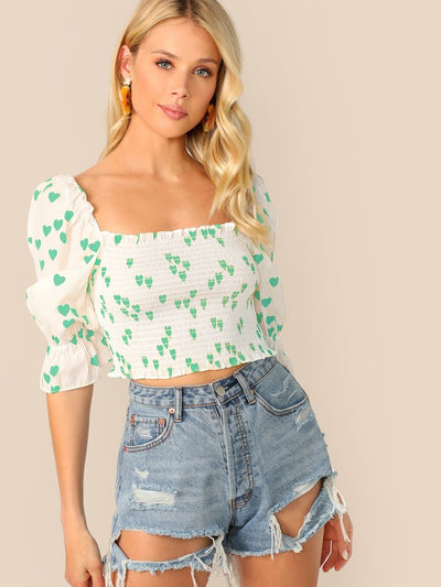 Heart<b style="color:White;"><font size="1"> -</font></b>Print<b style="color:White;"><font size="1"> -</font></b>Gathered Sleeve Shirred Crop Top