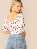 Heart<b style="color:White;"><font size="1"> -</font></b>Print<b style="color:White;"><font size="1"> -</font></b>Gathered Sleeve Shirred Crop Top