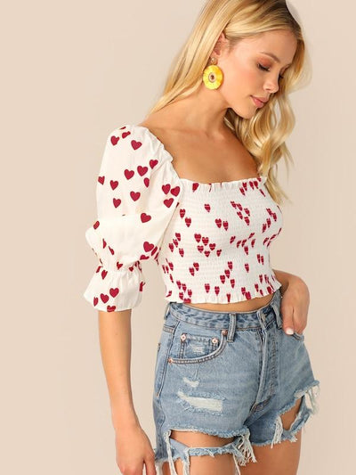 Heart<b style="color:White;"><font size="1"> -</font></b>Print<b style="color:White;"><font size="1"> -</font></b>Gathered Sleeve Shirred Crop Top