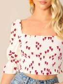 Heart<b style="color:White;"><font size="1"> -</font></b>Print<b style="color:White;"><font size="1"> -</font></b>Gathered Sleeve Shirred Crop Top