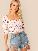 Heart<b style="color:White;"><font size="1"> -</font></b>Print<b style="color:White;"><font size="1"> -</font></b>Gathered Sleeve Shirred Crop Top