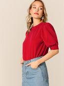 Keyhole<b style="color:White;"><font size="1"> -</font></b>Back<b style="color:White;"><font size="1"> -</font></b>Mock-neck Puff Sleeve Top