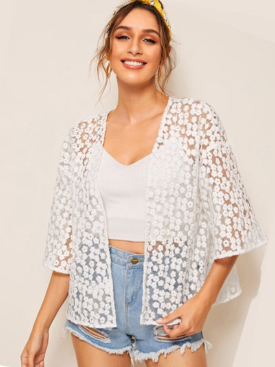 Drop<b style="color:White;"><font size="1"> -</font></b>Shoulder Embroidered Mesh Kimono