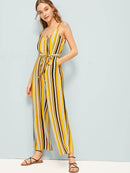 Striped<b style="color:White;"><font size="1"> -</font></b>Belted Wide Leg Jumpsuit