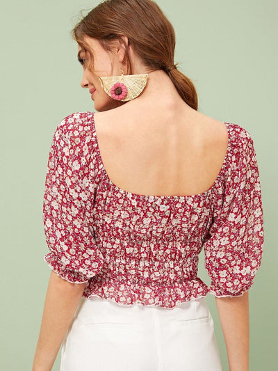 Ditsy<b style="color:White;"><font size="1"> -</font></b>Floral<b style="color:White;"><font size="1"> -</font></b>Frill Trim Shirred Crop Blouse