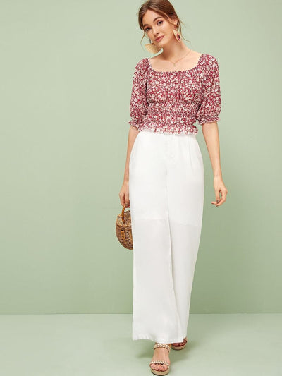 Ditsy<b style="color:White;"><font size="1"> -</font></b>Floral<b style="color:White;"><font size="1"> -</font></b>Frill Trim Shirred Crop Blouse