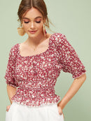 Ditsy<b style="color:White;"><font size="1"> -</font></b>Floral<b style="color:White;"><font size="1"> -</font></b>Frill Trim Shirred Crop Blouse