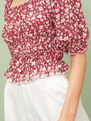 Ditsy<b style="color:White;"><font size="1"> -</font></b>Floral<b style="color:White;"><font size="1"> -</font></b>Frill Trim Shirred Crop Blouse