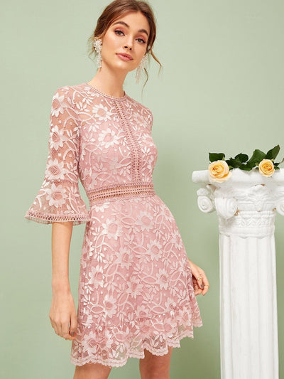 Flounce<b style="color:White;"><font size="1"> -</font></b>Sleeve Lace Overlay Dress