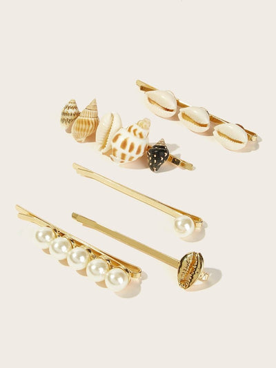 Faux<b style="color:White;"><font size="1"> -</font></b>Pearl<b style="color:White;"><font size="1"> -</font></b>& Shell Decor Hairpin 5pcs