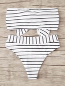 Striped<b style="color:White;"><font size="1"> -</font></b>Tie<b style="color:White;"><font size="1"> -</font></b>Front<b style="color:White;"><font size="1"> -</font></b>Bandeau With High Waist Bikini Set