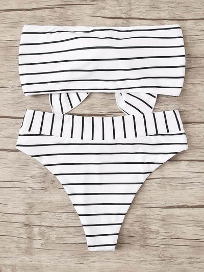 Striped<b style="color:White;"><font size="1"> -</font></b>Tie<b style="color:White;"><font size="1"> -</font></b>Front<b style="color:White;"><font size="1"> -</font></b>Bandeau With High Waist Bikini Set