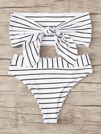 Striped<b style="color:White;"><font size="1"> -</font></b>Tie<b style="color:White;"><font size="1"> -</font></b>Front<b style="color:White;"><font size="1"> -</font></b>Bandeau With High Waist Bikini Set