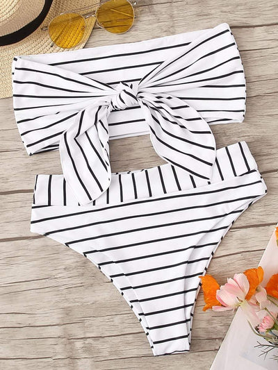 Striped<b style="color:White;"><font size="1"> -</font></b>Tie<b style="color:White;"><font size="1"> -</font></b>Front<b style="color:White;"><font size="1"> -</font></b>Bandeau With High Waist Bikini Set