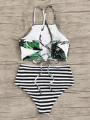 Random<b style="color:White;"><font size="1"> -</font></b>Leaf<b style="color:White;"><font size="1"> -</font></b>Lace-up<b style="color:White;"><font size="1"> -</font></b>Top With Striped Bikini Set