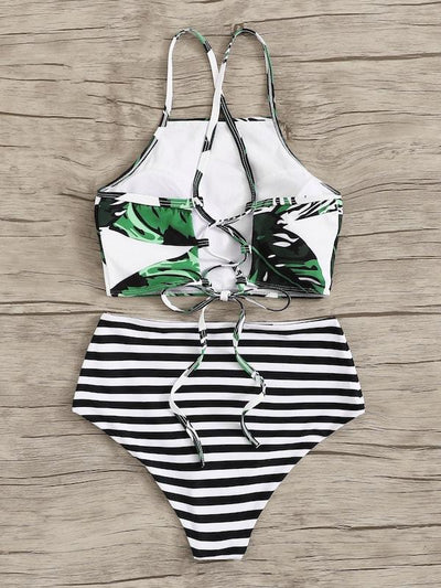 Random<b style="color:White;"><font size="1"> -</font></b>Leaf<b style="color:White;"><font size="1"> -</font></b>Lace-up<b style="color:White;"><font size="1"> -</font></b>Top With Striped Bikini Set