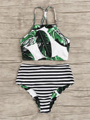 Random<b style="color:White;"><font size="1"> -</font></b>Leaf<b style="color:White;"><font size="1"> -</font></b>Lace-up<b style="color:White;"><font size="1"> -</font></b>Top With Striped Bikini Set