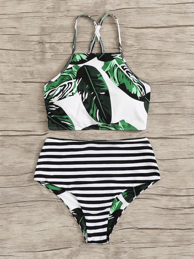 Random<b style="color:White;"><font size="1"> -</font></b>Leaf<b style="color:White;"><font size="1"> -</font></b>Lace-up<b style="color:White;"><font size="1"> -</font></b>Top With Striped Bikini Set