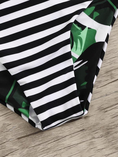 Random<b style="color:White;"><font size="1"> -</font></b>Leaf<b style="color:White;"><font size="1"> -</font></b>Lace-up<b style="color:White;"><font size="1"> -</font></b>Top With Striped Bikini Set