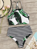 Random<b style="color:White;"><font size="1"> -</font></b>Leaf<b style="color:White;"><font size="1"> -</font></b>Lace-up<b style="color:White;"><font size="1"> -</font></b>Top With Striped Bikini Set