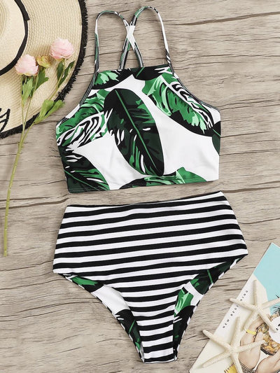Random<b style="color:White;"><font size="1"> -</font></b>Leaf<b style="color:White;"><font size="1"> -</font></b>Lace-up<b style="color:White;"><font size="1"> -</font></b>Top With Striped Bikini Set