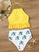 Ruffle Hem<b style="color:White;"><font size="1"> -</font></b>Top With Random Leaf Bikini Set