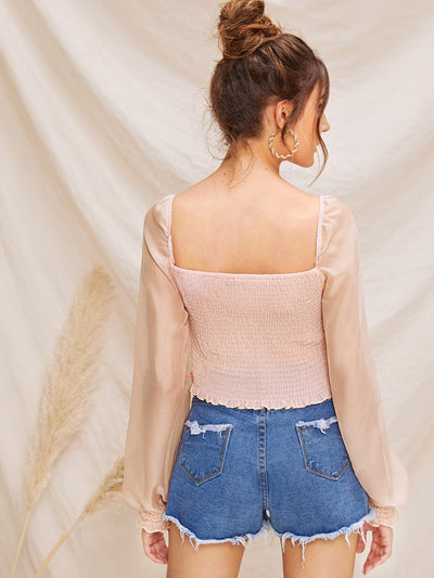 Organza<b style="color:White;"><font size="1"> -</font></b>Sleeve Shirred Frill Crop Top