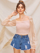 Organza<b style="color:White;"><font size="1"> -</font></b>Sleeve Shirred Frill Crop Top