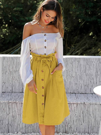 Button<b style="color:White;"><font size="1"> -</font></b>Through<b style="color:White;"><font size="1"> -</font></b>Dual Pocket Belted Paperbag Skirt