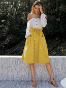 Button<b style="color:White;"><font size="1"> -</font></b>Through<b style="color:White;"><font size="1"> -</font></b>Dual Pocket Belted Paperbag Skirt